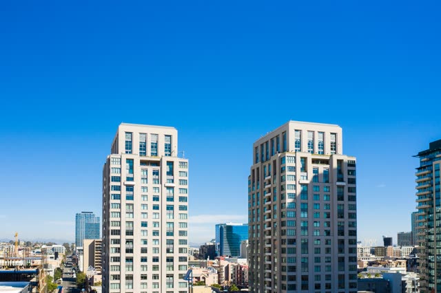 Aerial view of the downtown streets, the skyline and the buildings at San Diego Marina.