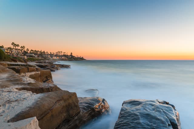 The cliffs, palm trees and the ocean at Windansea.