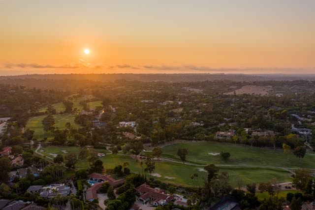 Aerial view of a residential street, palm trees and homes at Covenant.