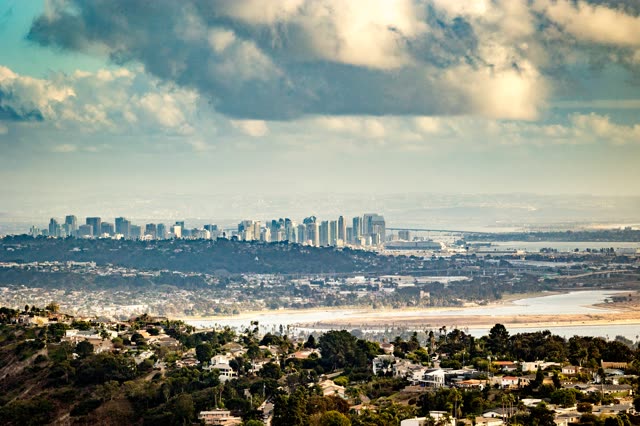 Elevated view of the country inland, the skyline and the bay at Mount Soledad.
