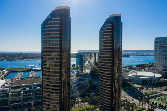 Aerial view of the downtown streets, the skyline and boats at San Diego Marina.