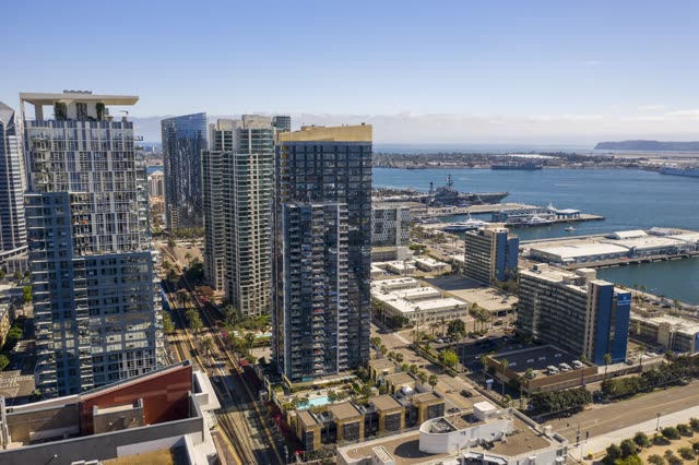 Aerial view of the downtown streets, the skyline and boats at Waterfront.