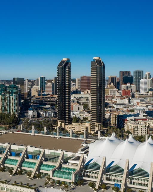 Aerial view of the downtown streets, the skyline and palm trees at San Diego Marina.