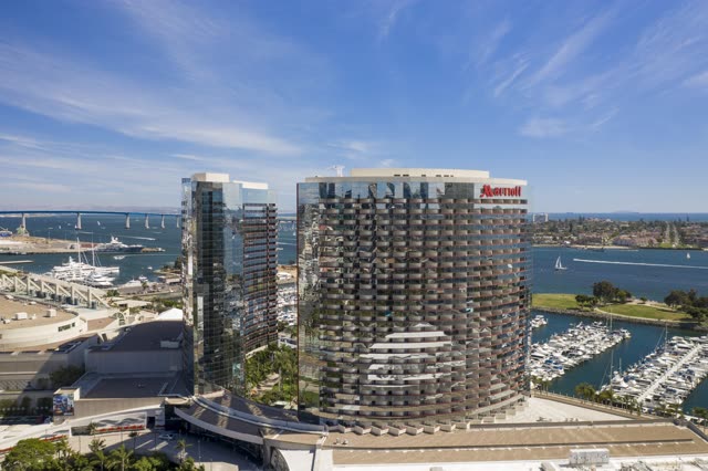 Aerial view of the downtown streets, the bridge and the skyline at San Diego Marina.