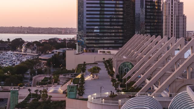 Aerial view of the downtown streets, the skyline and boats at Embarcadero.