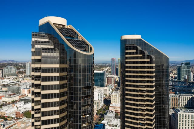Aerial view of the downtown streets, the skyline and the buildings at San Diego Marina.