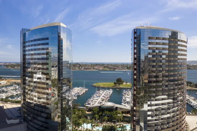 Aerial view of the downtown streets, the skyline and boats at San Diego Marina.