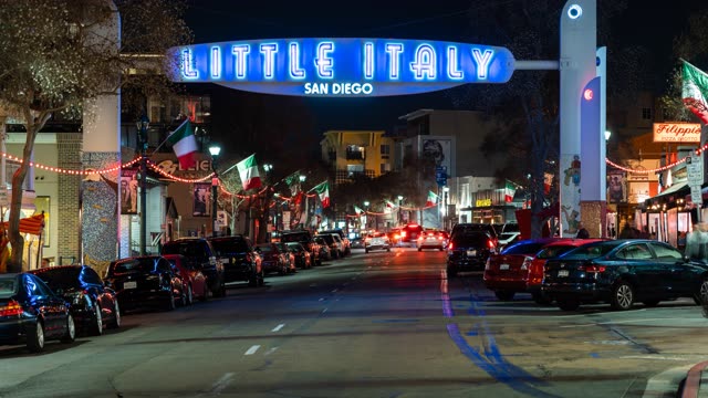 The downtown streets, the buildings and the city at Little Italy.