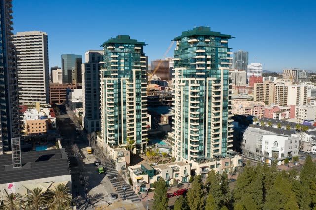 Aerial view of the downtown streets, the skyline and palm trees at San Diego Marina.