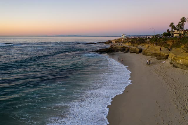 Low aerial view of the beach, palm trees and the ocean at La Jolla Cove, with people walking.
