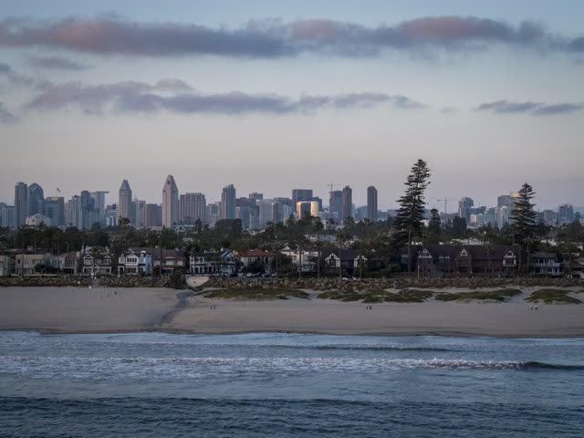 Low aerial view of the beach, the skyline and palm trees at Coronado Bridge.