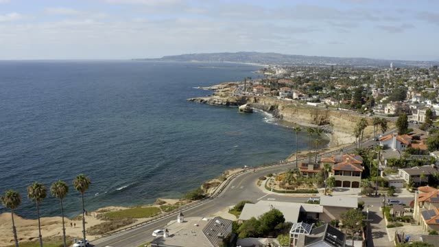 Aerial view of the cliffs, palm trees and the ocean at Sunset Cliffs.
