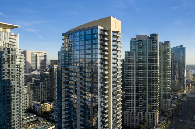 Aerial view of the downtown streets, the skyline and the buildings at Waterfront.