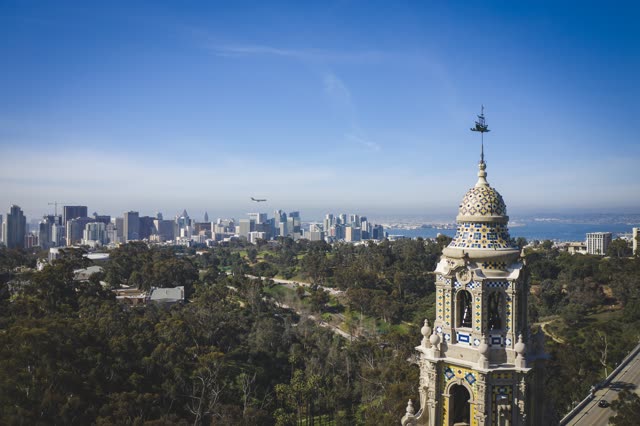 Aerial view of a park, the skyline and the bay in Balboa Park.