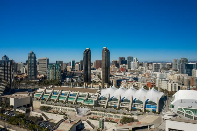 Aerial view of the downtown streets, the skyline and the buildings at San Diego Marina.