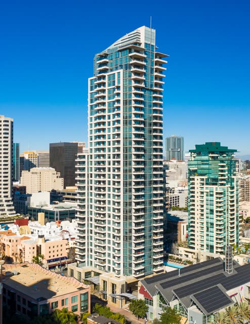 Aerial view of the downtown streets, the skyline and homes at San Diego Marina.