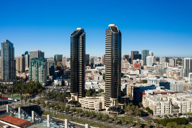 Aerial view of the downtown streets, the skyline and palm trees at San Diego Marina.