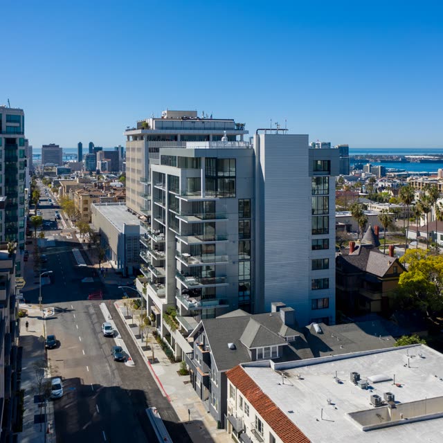 Aerial view of the downtown streets, the skyline and palm trees at Bankers Hill.