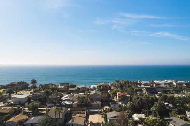 Aerial view of a residential street, palm trees and the ocean in Encinitas.