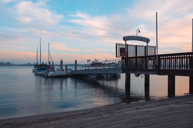 The harbor, the pier and boats in Mission Bay.