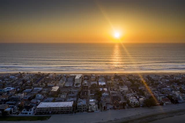 Aerial view of the beach, the ocean and homes in Mission Bay.