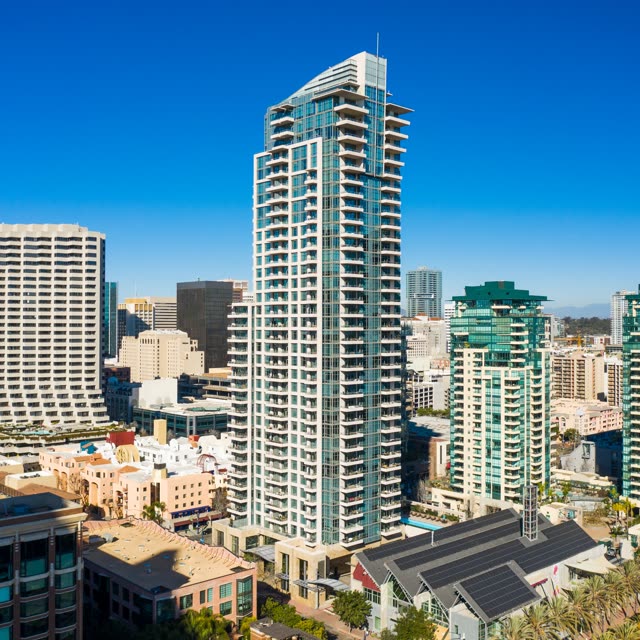 Aerial view of the downtown streets, the skyline and palm trees at San Diego Marina.