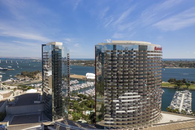 Aerial view of the downtown streets, the skyline and boats at San Diego Marina.