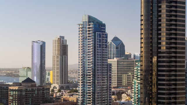 Aerial view of the downtown streets, the skyline and the bay at Embarcadero.