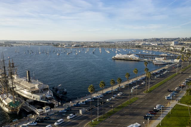 Aerial view of the harbor, the pier and boats at Waterfront.