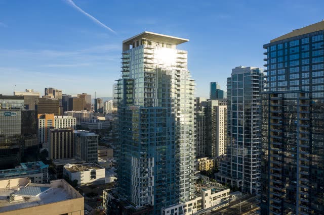 Aerial view of the downtown streets, the skyline and the buildings at Waterfront.