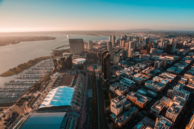 Aerial view of the downtown streets, the skyline and boats at San Diego Marina.
