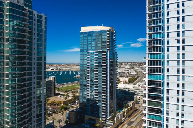 Aerial view of the downtown streets, the skyline and boats at Waterfront.