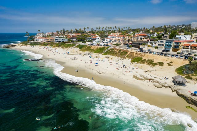 Aerial view of the beach, the surf and wildlife at Windansea, with swimmers in the water.