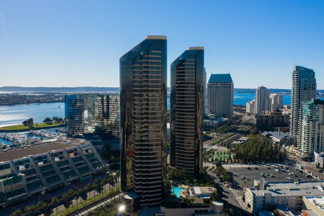 Aerial view of the downtown streets, the skyline and boats at San Diego Marina.