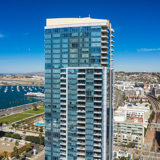 Aerial view of the downtown streets, boats and the bay at Waterfront.