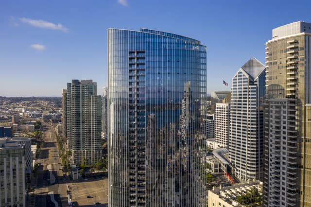 Aerial view of the downtown streets, the skyline and the buildings at Waterfront.