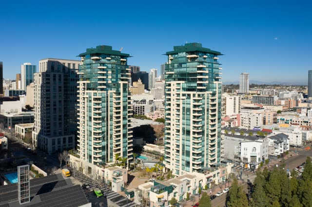 Aerial view of the downtown streets, the skyline and homes at San Diego Marina.
