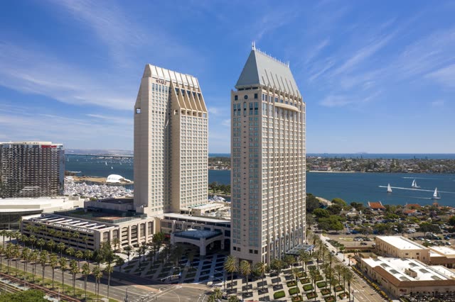 Aerial view of the downtown streets, the skyline and boats at San Diego Marina.