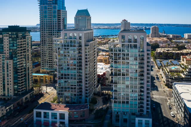 Aerial view of the downtown streets, the skyline and the bay at San Diego Marina.