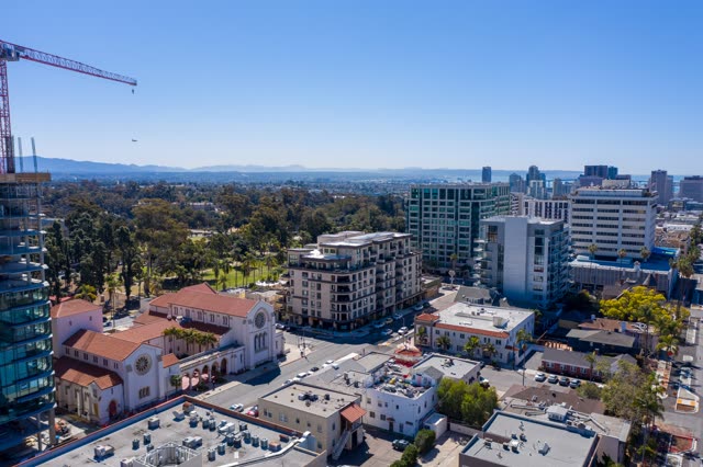 Aerial view of the downtown streets, the skyline and homes at Bankers Hill.