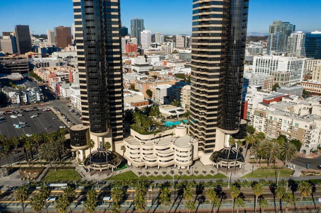 Aerial view of the downtown streets, the skyline and palm trees at San Diego Marina.