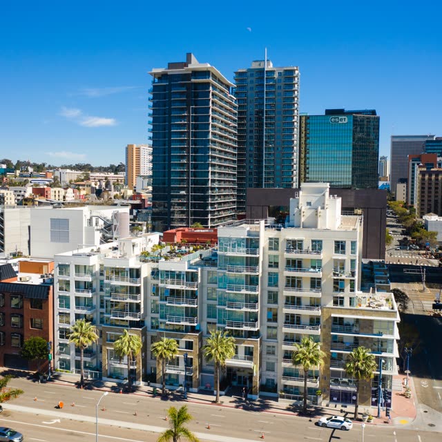 Low aerial view of the downtown streets, the skyline and palm trees at Waterfront.