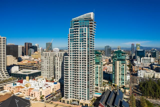 Aerial view of the downtown streets, the skyline and homes at San Diego Marina.