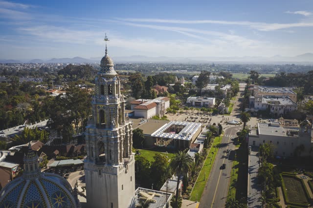 Aerial view of a park, palm trees and the buildings in Balboa Park.