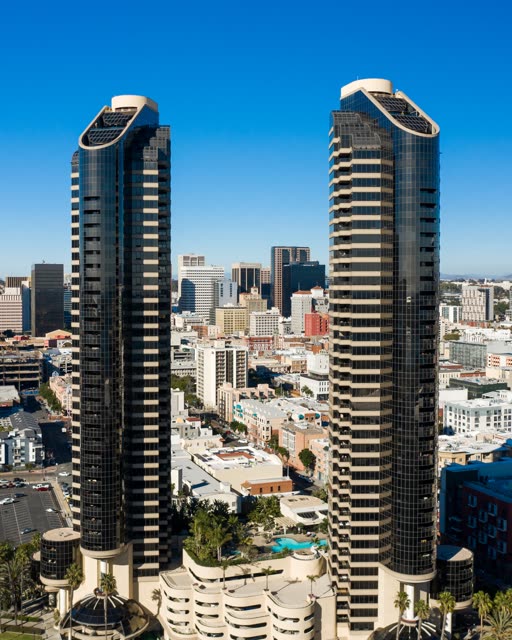 Aerial view of the downtown streets, the skyline and palm trees at San Diego Marina.