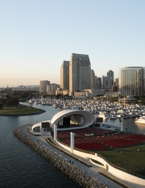 Aerial view of the harbor, the skyline and boats at San Diego Marina.