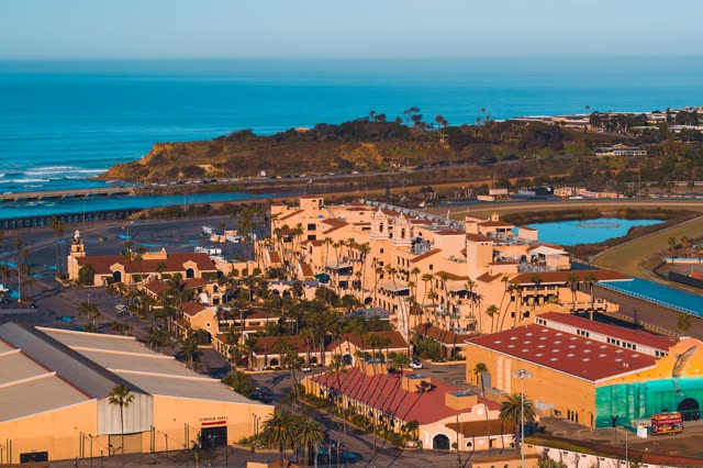 Aerial view of the country inland, palm trees and the ocean in Del Mar.