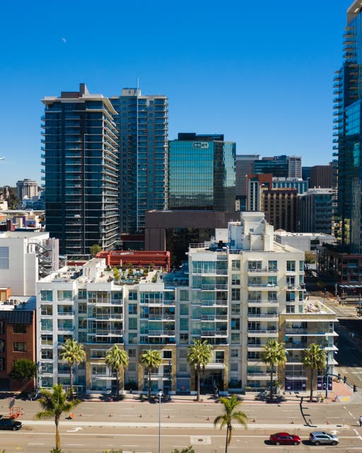 Low aerial view of the downtown streets, the skyline and palm trees at Waterfront.