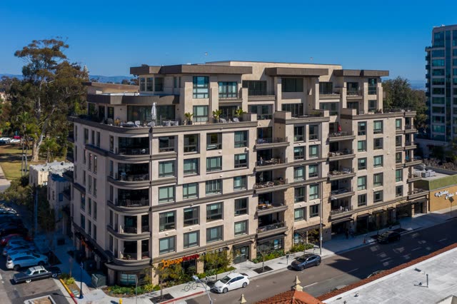Low aerial view of the downtown streets, homes and the buildings at Bankers Hill.