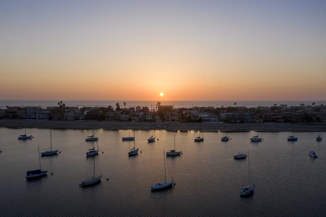 Aerial view of the harbor, boats and palm trees in Mission Bay.